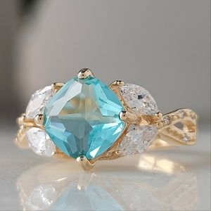 Blue and Teal Aquamarine Cushion Square ring, 925 Sterling Silver Charmed Aroma